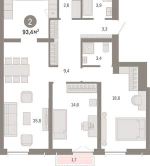 2-к квартира, вторичка, 93м2, 6/23 этаж