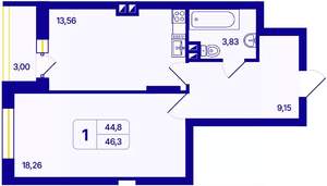 1-к квартира, вторичка, 46м2, 14/26 этаж