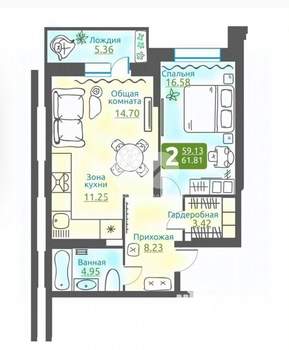 2-к квартира, вторичка, 59м2, 14/22 этаж