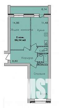 2-к квартира, строящийся дом, 56м2, 7/9 этаж