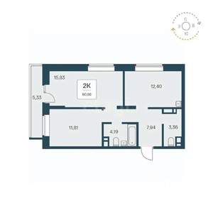 2-к квартира, вторичка, 56м2, 21/23 этаж