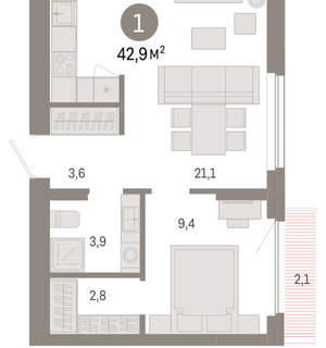 1-к квартира, вторичка, 43м2, 4/12 этаж