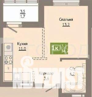 1-к квартира, сданный дом, 34м2, 11/13 этаж