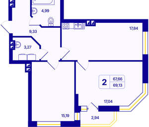 2-к квартира, вторичка, 69м2, 22/26 этаж