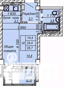 1-к квартира, строящийся дом, 27м2, 7/9 этаж