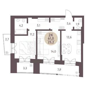 2-к квартира, вторичка, 61м2, 1/7 этаж