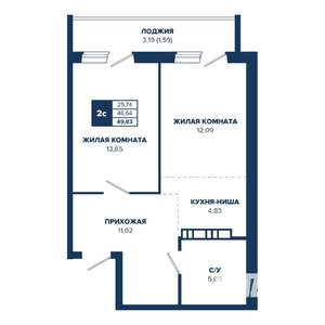 2-к квартира, строящийся дом, 50м2, 17/17 этаж