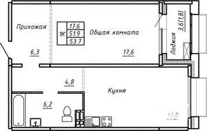 1-к квартира, вторичка, 54м2, 8/15 этаж