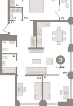 3-к квартира, вторичка, 97м2, 6/30 этаж