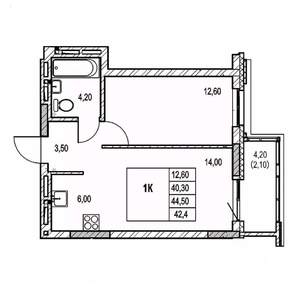 1-к квартира, строящийся дом, 42м2, 4/21 этаж