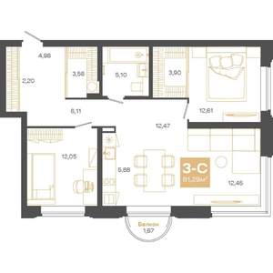 3-к квартира, строящийся дом, 81м2, 9/24 этаж