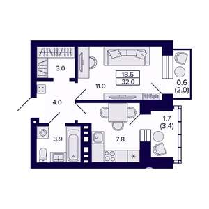 1-к квартира, вторичка, 32м2, 6/11 этаж
