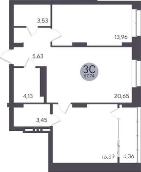 2-к квартира, строящийся дом, 68м2, 4/25 этаж