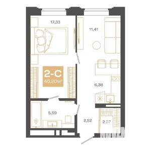 2-к квартира, строящийся дом, 46м2, 2/24 этаж