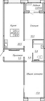 2-к квартира, строящийся дом, 71м2, 6/15 этаж