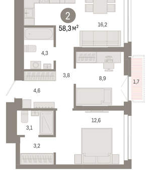 2-к квартира, вторичка, 58м2, 18/23 этаж