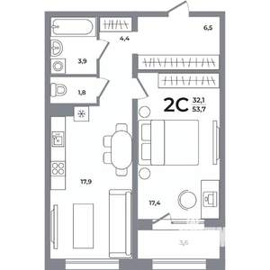 2-к квартира, вторичка, 54м2, 17/17 этаж