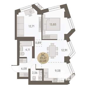 3-к квартира, вторичка, 63м2, 25/31 этаж