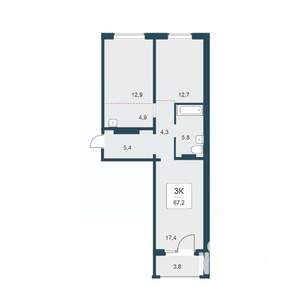 3-к квартира, вторичка, 67м2, 17/17 этаж