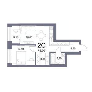 2-к квартира, вторичка, 45м2, 3/25 этаж