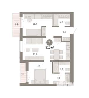 2-к квартира, вторичка, 67м2, 5/8 этаж