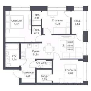 3-к квартира, вторичка, 85м2, 16/18 этаж