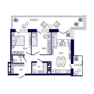 2-к квартира, вторичка, 65м2, 2/23 этаж