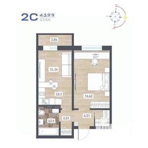 2-к квартира, строящийся дом, 44м2, 8/17 этаж