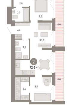 2-к квартира, вторичка, 73м2, 8/23 этаж