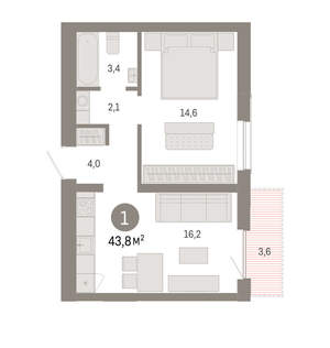 1-к квартира, вторичка, 44м2, 6/8 этаж