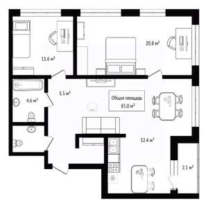 2-к квартира, вторичка, 85м2, 19/30 этаж