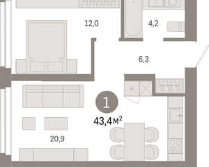 1-к квартира, вторичка, 43м2, 2/23 этаж