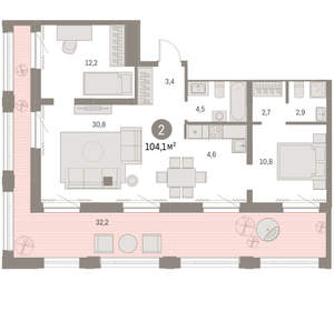 2-к квартира, вторичка, 104м2, 27/30 этаж