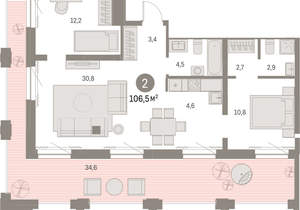 2-к квартира, вторичка, 107м2, 29/30 этаж