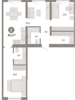 2-к квартира, вторичка, 91м2, 9/15 этаж