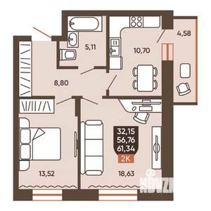 2-к квартира, вторичка, 61м2, 7/19 этаж