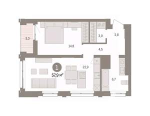 1-к квартира, вторичка, 58м2, 13/16 этаж