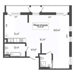1-к квартира, вторичка, 76м2, 7/16 этаж