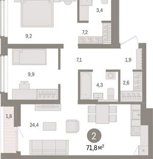 2-к квартира, вторичка, 72м2, 3/15 этаж