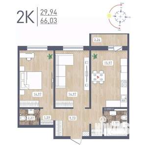 2-к квартира, строящийся дом, 66м2, 2/17 этаж