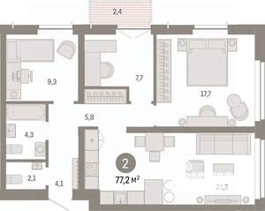 2-к квартира, вторичка, 77м2, 6/23 этаж