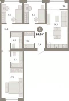 3-к квартира, вторичка, 87м2, 8/9 этаж