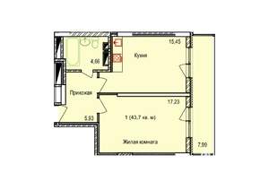 1-к квартира, строящийся дом, 44м2, 4/17 этаж