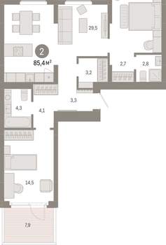 2-к квартира, вторичка, 85м2, 2/12 этаж