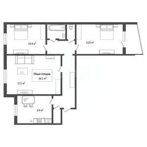 3-к квартира, вторичка, 66м2, 1/9 этаж