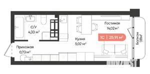 1-к квартира, вторичка, 26м2, 15/20 этаж