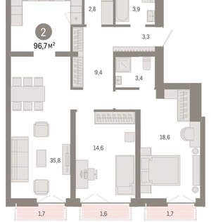 2-к квартира, вторичка, 97м2, 1/23 этаж