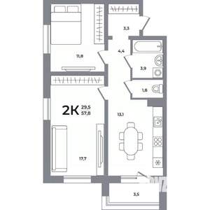 2-к квартира, вторичка, 58м2, 16/17 этаж