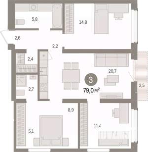 3-к квартира, вторичка, 79м2, 13/15 этаж