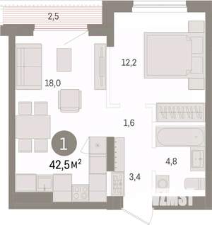1-к квартира, вторичка, 43м2, 9/9 этаж